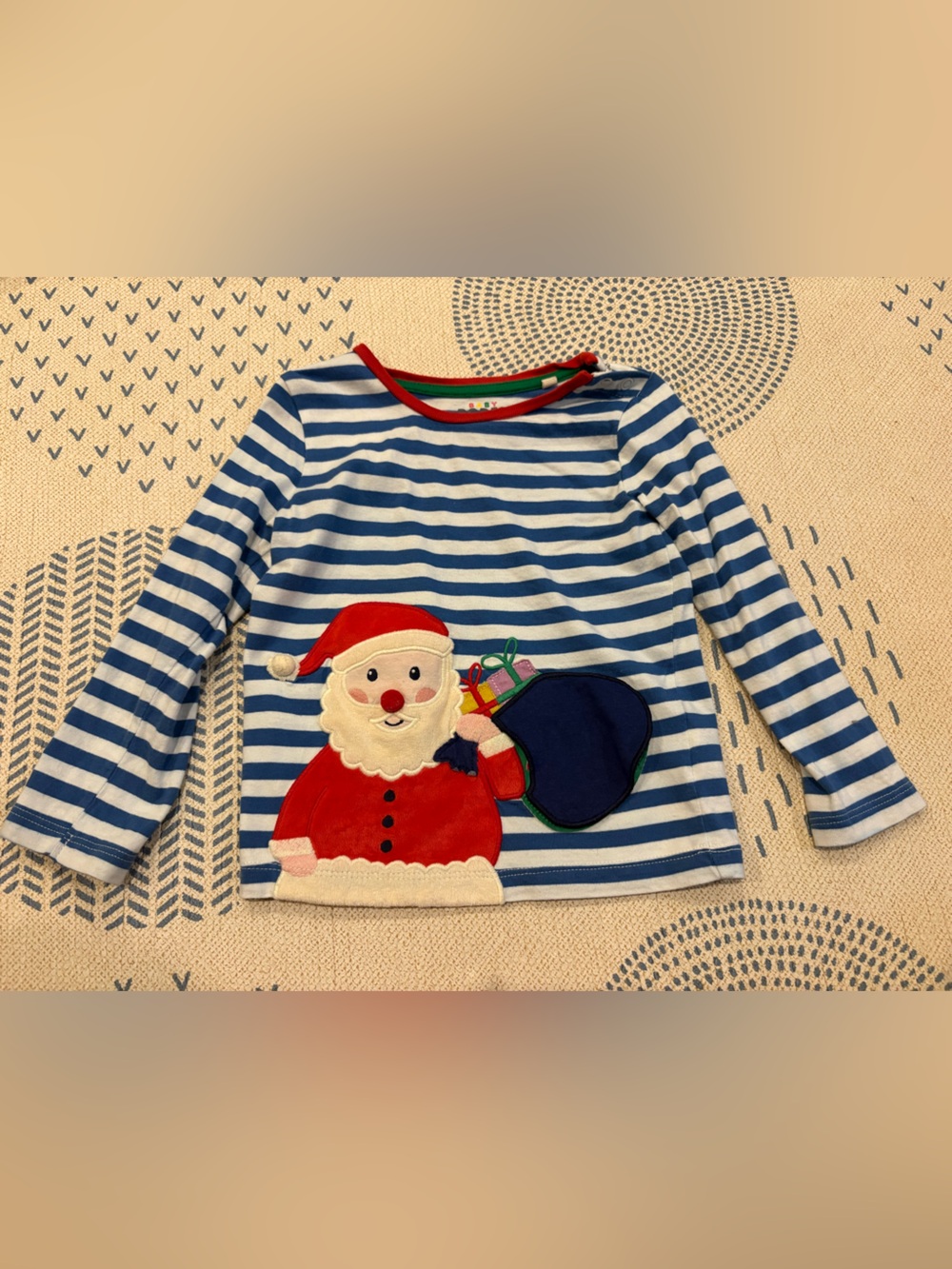 Baby Boden Santa appliqué lift the flap Blue & White Striped Kids Top